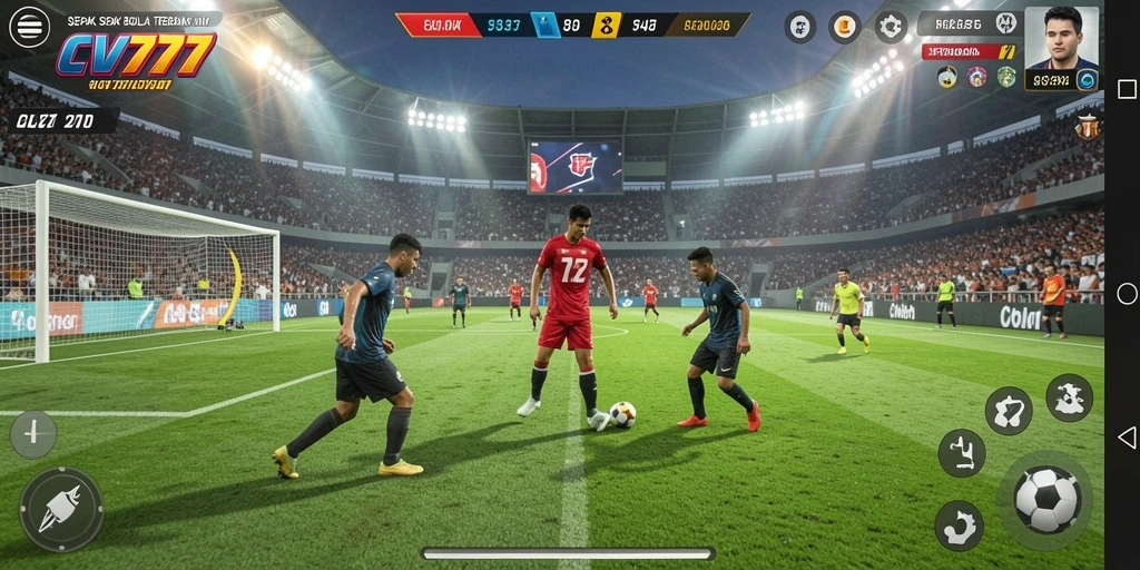 Screenshot gameplay CV777 menampilkan aksi seru di lapangan sepak bola.