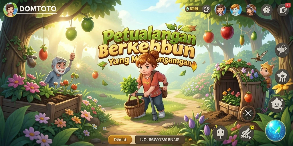 Tangkapan layar permainan DOMTOTO menampilkan kebun hijau yang indah dan beragam tanaman.