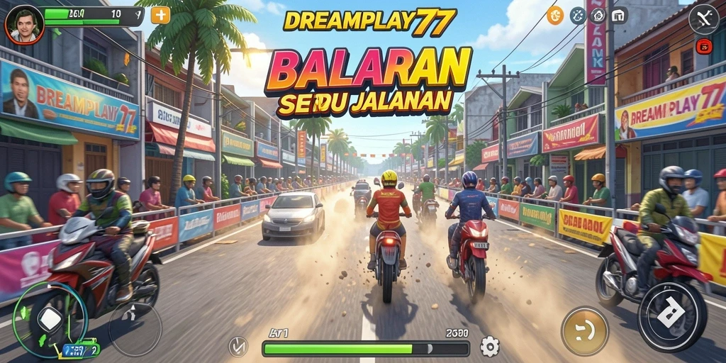 Screenshot utama DREAMPLAY77 menampilkan aksi balapan yang mendebarkan.