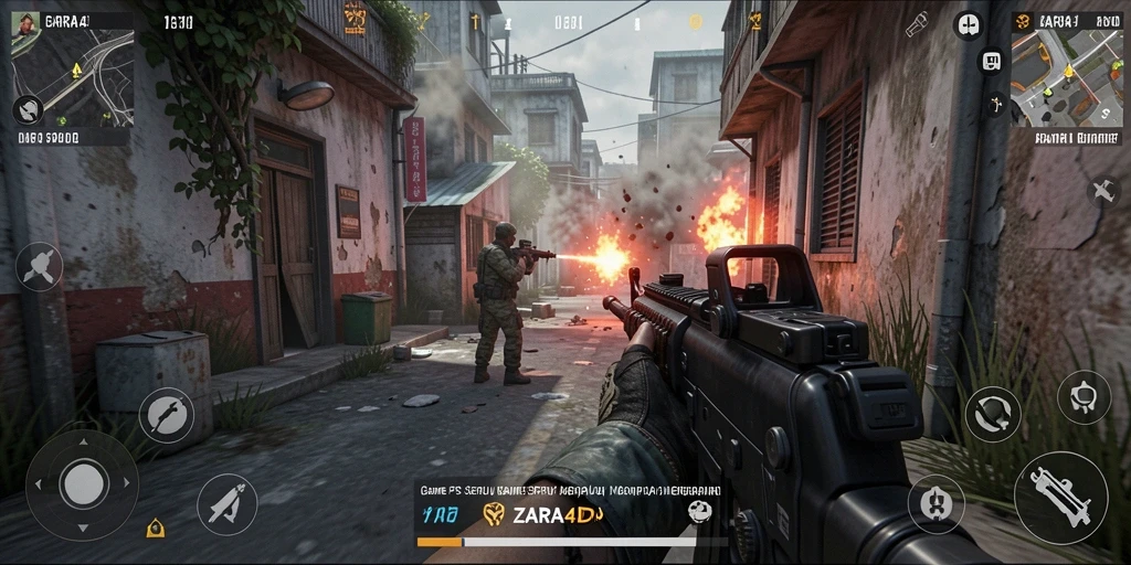 Tampilan gameplay mendebarkan dari ZARA4D di arena pertempuran FPS.