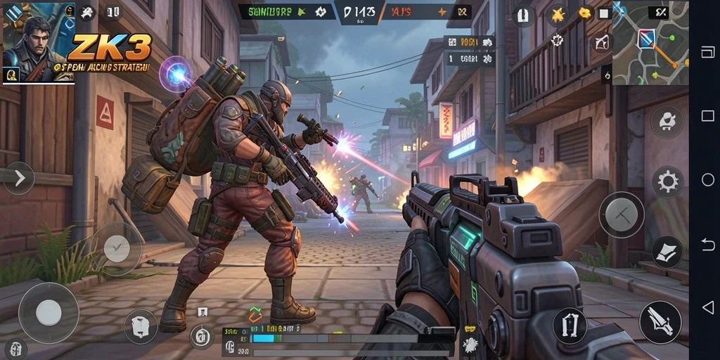 Gameplay ZK3 dengan aksi tembak-menembak yang mendebarkan.